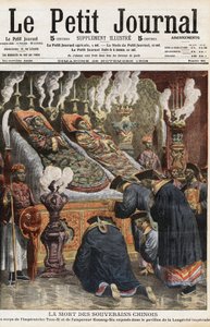 Funeral of Chinese rulers: the bodies of Imperator of China Yehenara, Empress Xiao Ding Jing (1868 - 1913) and Emperor Guangxu or Kuang-Siu (Kouang Siu), Emperor of China of the Qing Dynasty (1872-1908) exhibited in the pavilion of the imperiale longevite. av Anonymous Anonymous