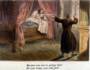 Galant scene: Monk, i selskap med en naken kvinne i sengen, overrasket over ankomsten av en person, prøver å gjemme seg. Fargegravering fra 1800-tallet. .