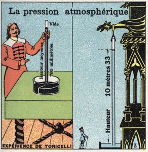 Gasstrykk: atmosfærisk trykk. Til venstre, eksperimentet til Evangelista Torricelli (eller Toricelli) på atmosfærisk trykk målt ved hjelp av hans Barometer (kvikksølvrør) i 1643. Til høyre, opplevelsen til Blaise Pascal (1623-1662) gjort ved av Anonymous Anonymous