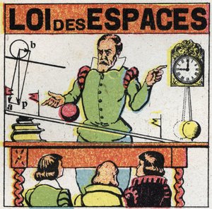 Grainness: law of spaces. Galilee (or Galileo Galilei (1564-1642) observes the movement of a ball on an inclined plane to study the fall of bodies. Anonymous illustration from 1925. Private collection. av Anonymous Anonymous