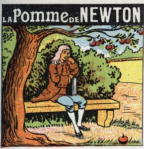 Gravitasjon: Newtons eple. Isaac Newton (1642-1727) observerer et eple som faller fra et epletre og oppdager lovene for jordens tyngdekraft (gravitt). Anonym illustrasjon fra 1925. Privat samling. av Anonymous Anonymous
