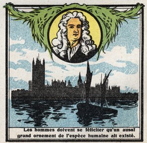 Gravitasjon: portrett av Isaac Newton (1642-1727) som oppdaget tyngdelovene (gravitt). Anonym illustrasjon fra 1925. Privat samling. av Anonymous Anonymous