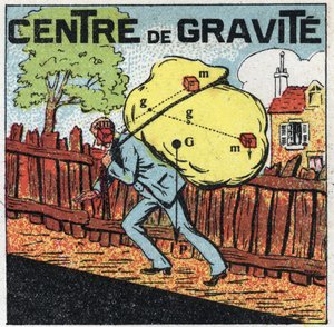 Gravity: center of gravity. A man carrying a heavy load on his back. Anonymous illustration from 1925. Private collection. av Anonymous Anonymous