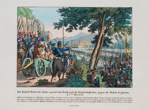 Guerre russo-turque de 1828-1829 - Russisk hær krysser Pruth-elven inn i Moldavia i mai 1828 par Anonymous, ca. 1830 - Etsning, akvarell av Anonymous Anonymous