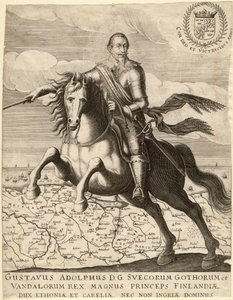 Gustave II Adolphe, dit le Grand ou le lion du Nord (1594-1632), roi de Suede, chevauchant la carte de Pomeranie - Gustavus Adolphus før kartet over Pommern i bakgrunnen - Anonym - 1630 - Kobberstikk - 30,4x23, 9 - Privat samling av Anonymous Anonymous