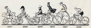 Sykkelens historie: forskjellige sykkelmodeller fra 1700 til 1928. Gravering i "" Le petit journal illustrious"" av Anonymous Anonymous