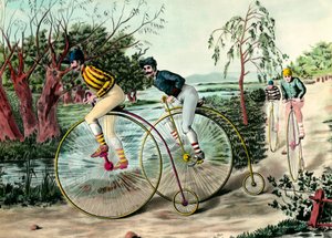 Sykkelens historie: race of grand bi (grand bi). Gravering av det 20. århundre. Privat samling av Anonymous Anonymous