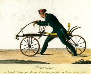 Sykkelens historie: draisienne, en veldig populær ny bil rundt 1818. Gravering fra 1818. Privat samling av Anonymous Anonymous