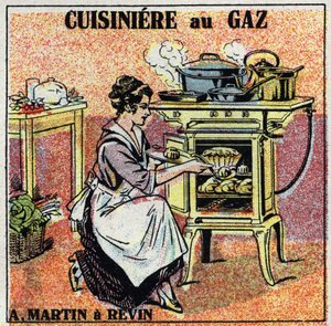 Home heating: Arthur Martin gas stove. Anonymous illustration from 1925. Private collection. av Anonymous Anonymous