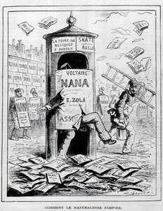 Hvordan naturalisme påtvinges: satirisk tegning på den naturalistiske romanen om boken "Nana" av Emile Zola. Gravering fra 1800-tallet. Privat samling. av Anonymous Anonymous