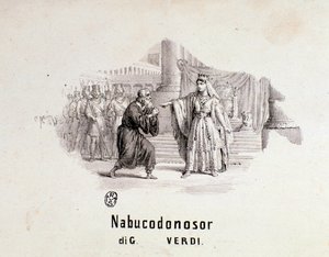 Illustrert frontispice av musikalsk partitur av Nabucco-operaen av Giuseppe Verdi av Anonymous Anonymous