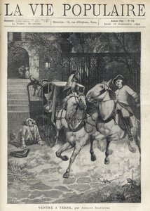 In front of the staircase of a small castle, a young rider arrives in the courtyard, has all speed, spitting his horse and panicking the horses of the coupling parked by the gate, a large man wearing a protested wig stretches on the ground after a fall due av Anonymous Anonymous