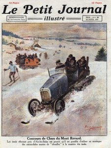 Innovasjon på biler i fjellet, spor er plassert på hjulene for å unngå skader. Illustrasjon hentet fra "" Le petit journal"" av 27.02.1921. Privat samling av Anonymous Anonymous