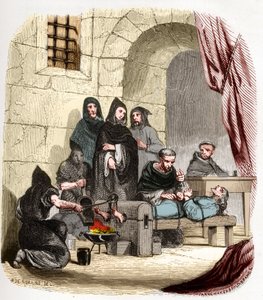 Inquisition in Spain in the 15th century: Mary of Burgundy (1457-1482), accused of being Jewish, is tortured by (saint) Peter (Pedro) of Arbues (1441/1442-1485), Spanish inquisitor: he is burning his feet. Illustration in “” Mysteres of the Inquisition and av Anonymous Anonymous