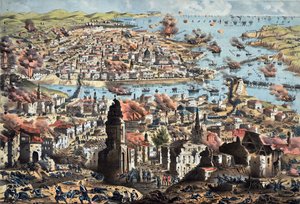 Interiør av Sevastopol (Sebastopol) , ødeleggelse av byen av russerne, deres retrett - Ukjent artillerioffiser - 1855 - Fargelitografi - 51,3x68,4 - Privat samling av Anonymous Anonymous