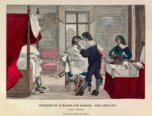 Interiør av et frisørhus i Paris under kong Ludvig XIIIs regjeringstid på 1600-tallet - Interiør av et frisørhus, regjeringstid til kongen Ludvig XIII av Frankrike 1600-tallet - privat samling av Anonymous Anonymous