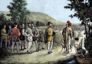Jacques Cartier, hans første intervju med indianerne ved Hochelaga nå Montreal i 1535 (litho av Anonymous Anonymous