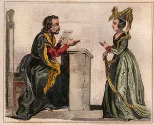 Jehan Pastoret (1328-1405), president for Paris-parlamentet under Charles Vs regjeringstid med en edel kvinne, iført en liripion. Gravering fra 1859 i “” Le Monde. Alle folkeslags historie fra de fjerneste tider til i dag». av M. E. de Lostal av Anonymous Anonymous