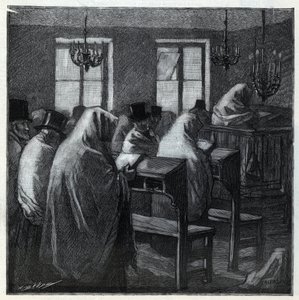 Jødiske høytider: fideles under bønnen inne i et oratorium i høytiden. Gravering i “Le monde illustree”” fra 1892. Privat samling. av Anonymous Anonymous