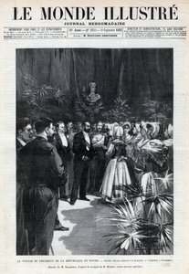 Reisen til Sadi Carnot (1837-1894) til Savoy: Republikkens president blir ønsket velkommen i Chambery av unge jenter som tilbyr ham en blomsterbukett. En avis. Gravering i “Le monde illustree”” fra 1892. Privat samling. av Anonymous Anonymous
