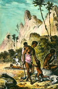 Reise til Ile de France (dagens Mauritius): slavenes arbeid. En hvit utnyttelsesmester pisker en slave som ligger på bakken. En kvinne bærer et halskjede med foten. Gravering fra 1700-tallet. Privat samling. av Anonymous Anonymous