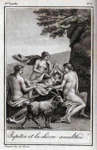 Jupiter child fed by the goat Amalthee. Engraving from 1819 in “Lettres a Emilie sur la mythologie” by Charles Albert Demoustier (1760-1801). Private collection. av Anonymous Anonymous