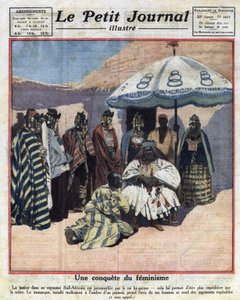 Rettshåndhevelse og feminisme i svarte afrikanske land: en sørafrikansk konge rådfører seg med kvinnene sine før han dømmer. Illustrasjon hentet fra “” Le petit journal”” fra 18/12/1921 Samling privee av Anonymous Anonymous