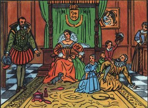 Kongen av Frankrike Henry IV (1553-1610) leker med barna sine foran den spanske ambassadøren I sentrum, dronning Mary av Medicis, er barna Ludvig XIII, Elizabeth av Frankrike, Christine av Frankrike og Nicolas. Anonym illustrasjon i "" Collectio av Anonymous Anonymous