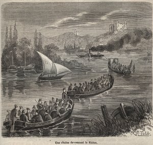Fengselet i Toulon - en kjede som går nedover Rhône - Gravering i "Historien om fengslene fra deres opprettelse til i dag" (1877) av Pierre Zaccone (1817-1895) (Colonia Penale - straffekoloni) av Anonymous Anonymous