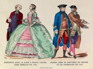 Venstre: Elegante med en stor kurvkjole, mondain abbe i 1760/høyre: Unge menn i jakt- og gangdrakt i 1760 (regne av kong Louis XV) - privat samling av Anonymous Anonymous