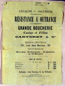 Legalite - Sanitet. Motstand mot outrance. Flott hundeslakter og katt... Plakat som viser prisen på hunde- og kattekjøtt for innbyggerne i Paris under beleiringen under 1870-kommunen. av Anonymous Anonymous