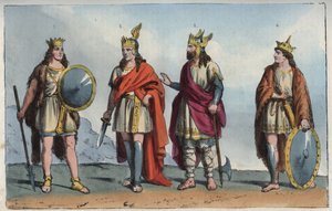 Les Merovingiens - Merovingian dynasty - Pharamond or Faramund (- Chlodio (Clodius, Clodion, Cloio or Chlogio) (Clodion le Chevelu) (ca. 390 - ca. 450) - Merovech (Merovee or Merowig, ca. 412-457) and Clovis (ca. 466-511” - engraving from “Usi e Costumi di av Anonymous Anonymous