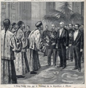 Li Hongzhang mottatt av republikkens president Felix Faure (1841-1899) på Elysee-palasset. Gravering i «Le Petite Parisien»» av Anonymous Anonymous