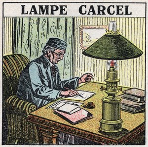 Lyskilder: Carcel-lampe, oppfunnet av Guillaume Carcel (1750-1812) og ved bruk av vegetabilsk olje. Anonym illustrasjon fra 1925. Privat samling. av Anonymous Anonymous