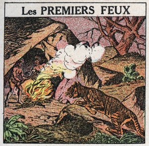 Light sources: the first fires of prehistoric men. Anonymous illustration from 1925. Private collection. av Anonymous Anonymous