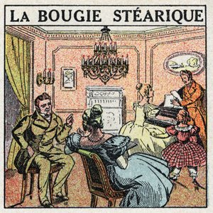 Lyskilder: stearinlyset som ble brukt på lysekroner på 1800-tallet. Anonym illustrasjon fra 1925. Privat samling. av Anonymous Anonymous