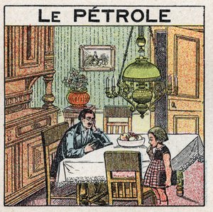 Light sources: use of the oil lamp. Anonymous illustration from 1925. Private collection. av Anonymous Anonymous
