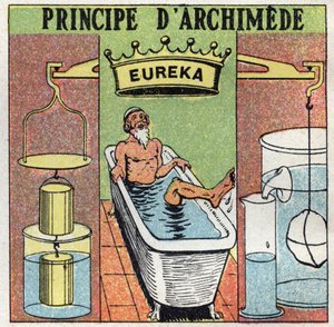 Væskebalanse: Archimede-prinsippet (skyve legemer inn i vann). Mens han badet, la Archimede av Syracuse (287 f.Kr.-212 f.Kr.) merke til at beinet veide tyngre opp av vannet enn i vannet og ropte «Eureka! ". Anonym illustrasjon fra 1925. Pr av Anonymous Anonymous