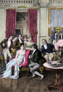 Litterær salong: "" Rundt Madame Recamier"" Madame Juliette Recamier (1777-1849) omgitt av litterære og politiske personligheter: Charles Nodier (1780-1844), Francois Rene Viscount de Chateaubriand (1768-1848), Sophie Gay (175276-1844). ), Benjamin Constan av Anonymous Anonymous