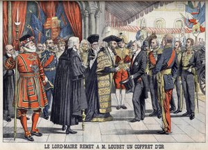 London, Storbritannia. Sir Marcus Samuel overrekker president Emile Loubet en gullboks etter mottakelsen i Guildhall. Le petit Journal, juli 1903. av Anonymous Anonymous