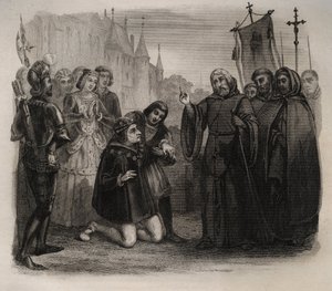 Louis XI (1423-1483) ber om hans guerison til Francois de Paule (1416-1507) Gravering av 1846 i "De helliges liv"". Privat samling. av Anonymous Anonymous
