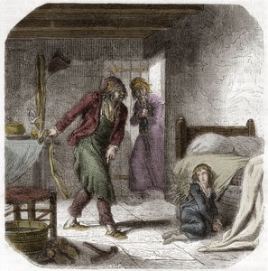 Louis XVII (1785-1795) ved tempelet, med sin geolier skomakeren Antoine Simon - Gravering i "Histoire des Girondins"" av Alphonse de Lamartine (1790-1869) 1865-1866 - Privat samling av Anonymous Anonymous