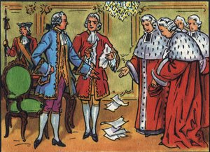 Ludvig XV (1710-1774), konge av Frankrike, bryter ned parlamentets avgjørelser. Anonym illustrasjon i ""Samling av Frankrikes suverene og statsoverhoder"". Det 20. århundre. Privat samling. av Anonymous Anonymous