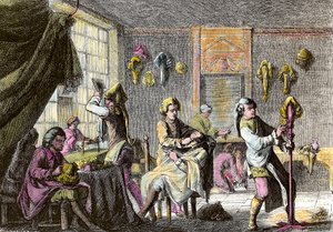 Louis XV-mote: utsikt over interiøret til en parykkfrisør. Gravering omkring 1755. Privat samling av Anonymous Anonymous