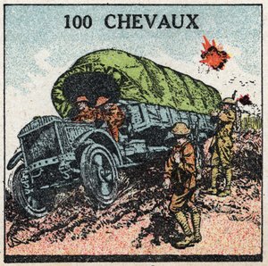 Mekanisk trekkraft: militær lastebil opp til 100 hestekrefter. Anonym illustrasjon fra 1925. Privat samling. av Anonymous Anonymous
