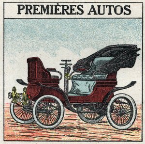 Mekanisk trekkraft: de første bensinbilene oppfunnet i 1895 av Panhard og Levassor. Anonym illustrasjon fra 1925. Privat samling. av Anonymous Anonymous