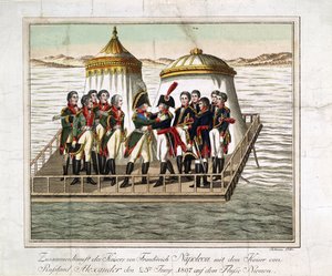 Møte mellom keisere Alexander I av Russland og Napoleon I av Frankrike ved Neman nær Tilsit - Anonym - 1807 - Etsning, akvarell - 29,7x39,7 - Privat samling av Anonymous Anonymous