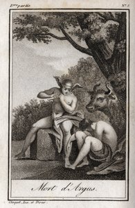 Mercury and Argus (Mercury and Argus). Death of Argus: Mercury spilt av fløyte for å sovne Argus og befri nymfen Io, forvandlet til en ku. Gravering fra 1819 i «Lettres a Emilie sur la mythologie» av Charles Albert Demoustier (1760-1801). av Anonymous Anonymous
