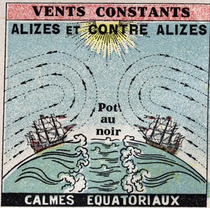 Meteorologi: konstant vind. Alizes, mot alizes, soner med rolig ekvatorial (potte i svart). Anonym illustrasjon fra 1925. Privat samling. av Anonymous Anonymous