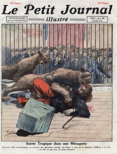 Diverse: en ulykke under et show i et menasjeri, en løvinne skader temmeren alvorlig. Illustrasjon hentet fra “” Le petit journal”” fra 15/05/1921 Samling privee av Anonymous Anonymous